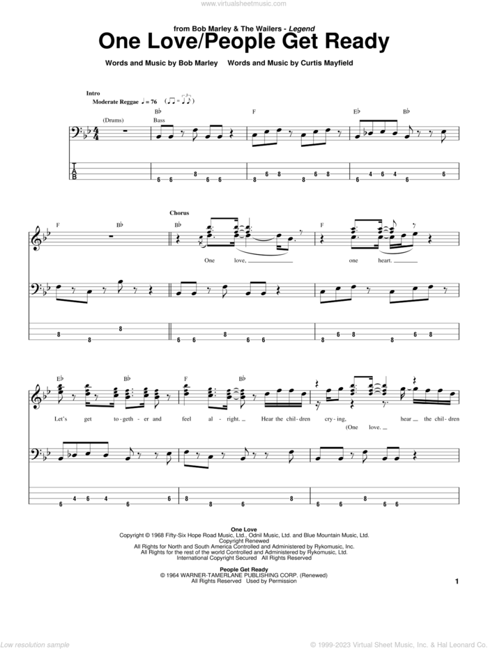 One Love sheet music for bass (tablature) (bass guitar) by Bob Marley, intermediate skill level