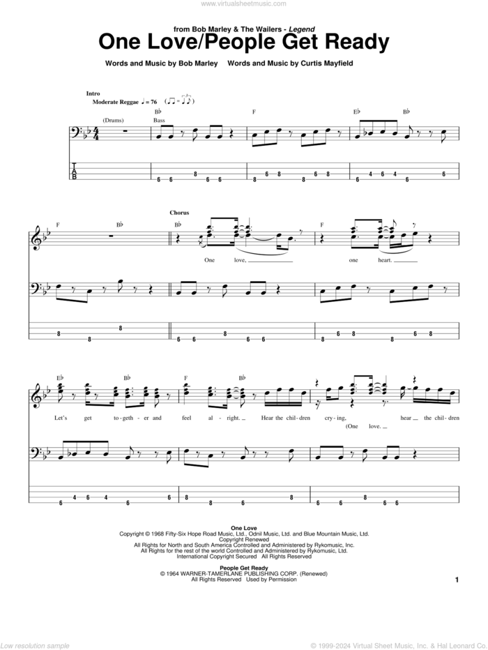 One Love sheet music for bass (tablature) (bass guitar) by Bob Marley, intermediate skill level