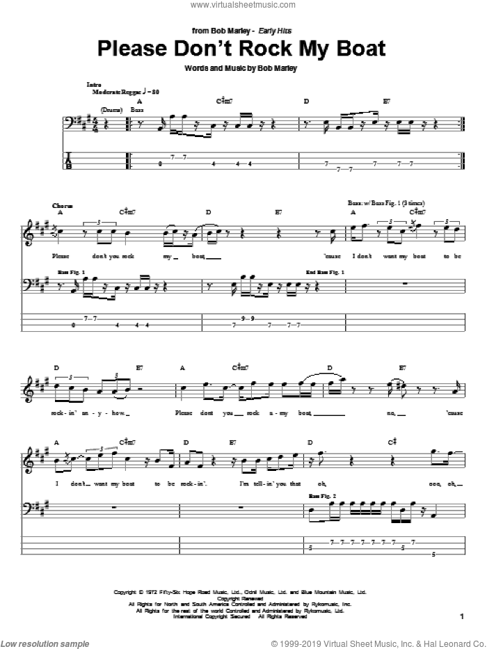 Please Don't Rock My Boat sheet music for bass (tablature) (bass guitar) by Bob Marley, intermediate skill level