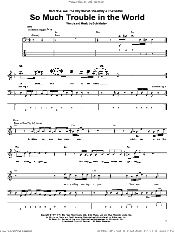 So Much Trouble In The World sheet music for bass (tablature) (bass guitar) by Bob Marley, intermediate skill level