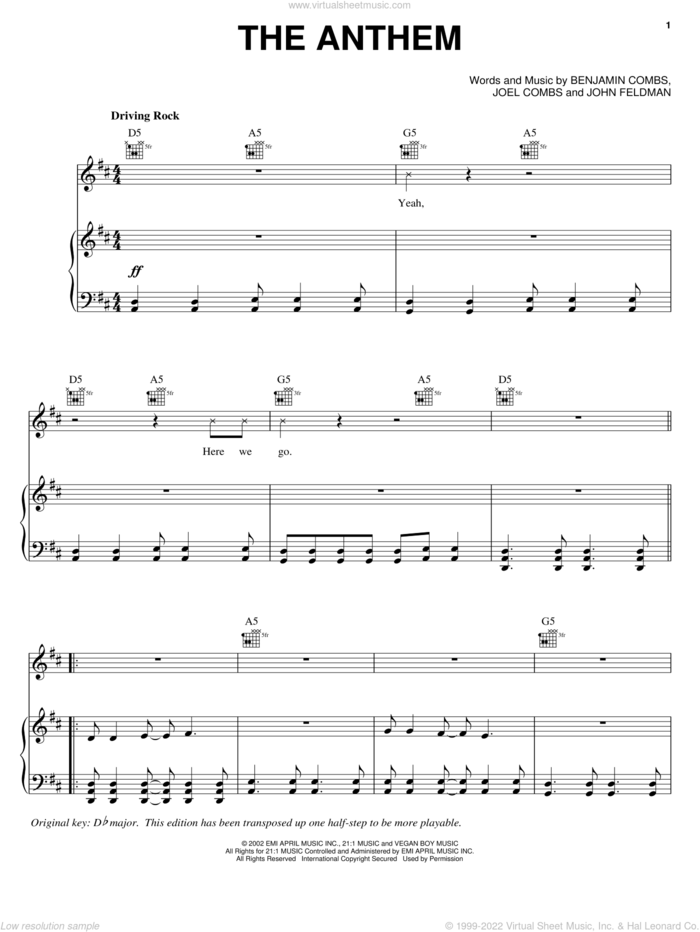 The Anthem sheet music for voice, piano or guitar by Good Charlotte, Benjamin Combs, Joel Combs and John Feldmann, intermediate skill level