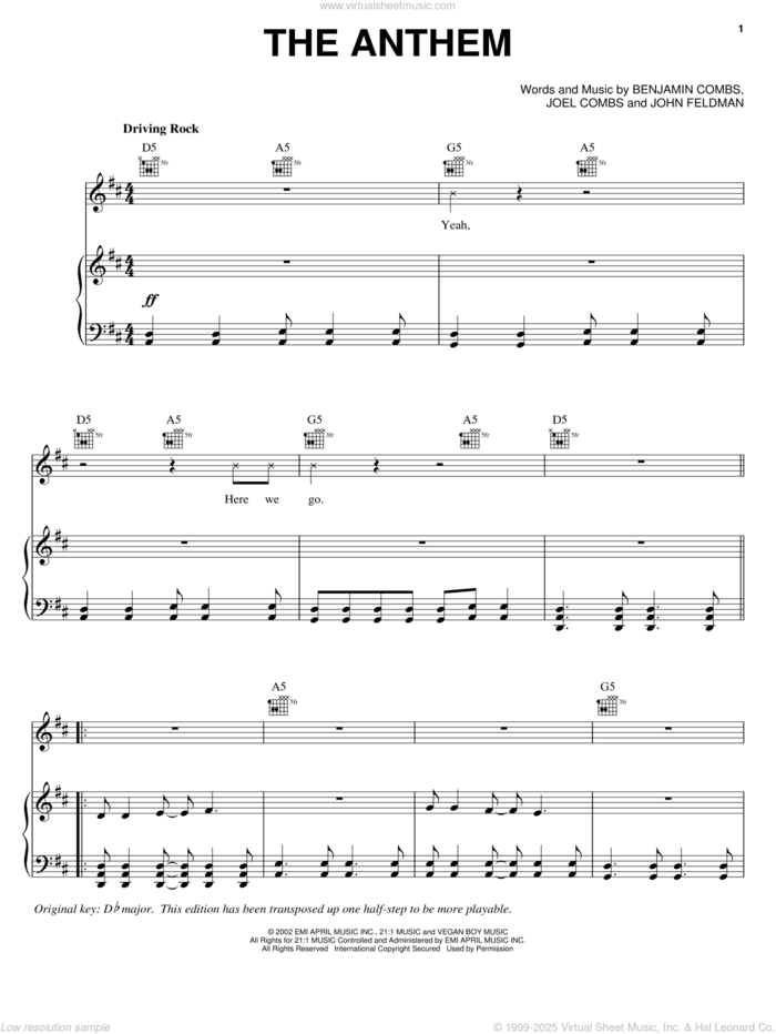 The Anthem sheet music for voice, piano or guitar by Good Charlotte, Benjamin Combs, Joel Combs and John Feldmann, intermediate skill level