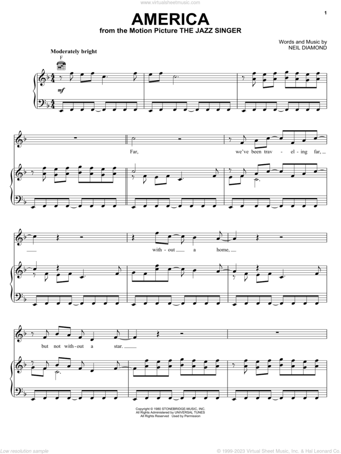 America sheet music for voice, piano or guitar by Neil Diamond, intermediate skill level