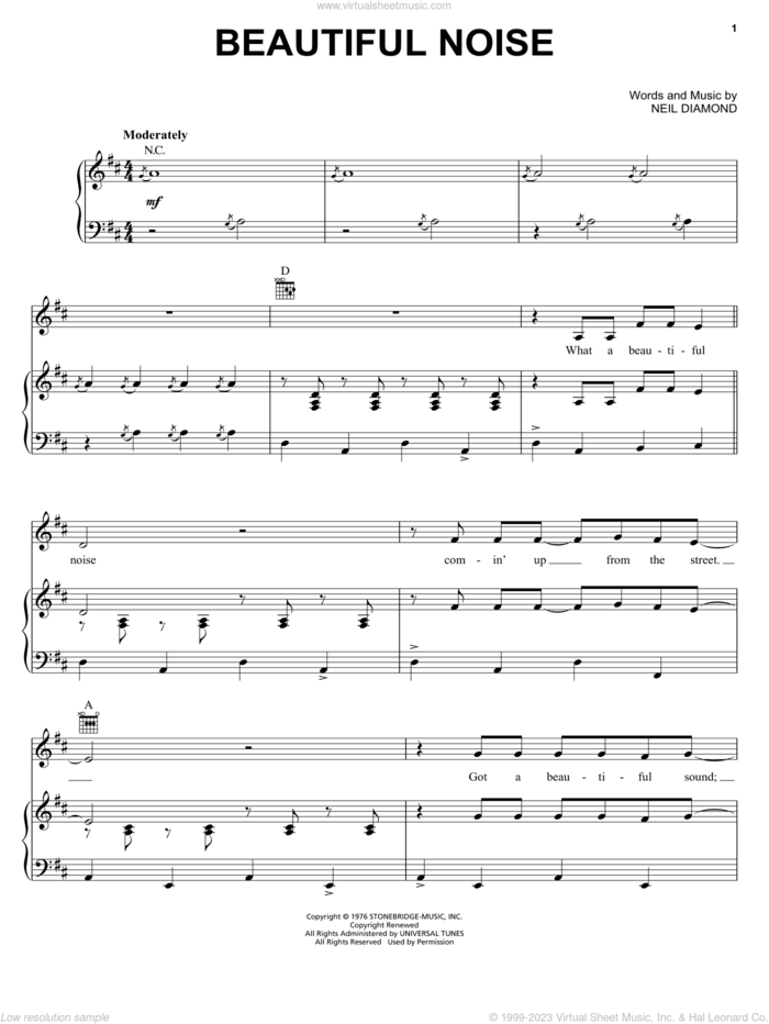 Beautiful Noise sheet music for voice, piano or guitar by Neil Diamond, intermediate skill level