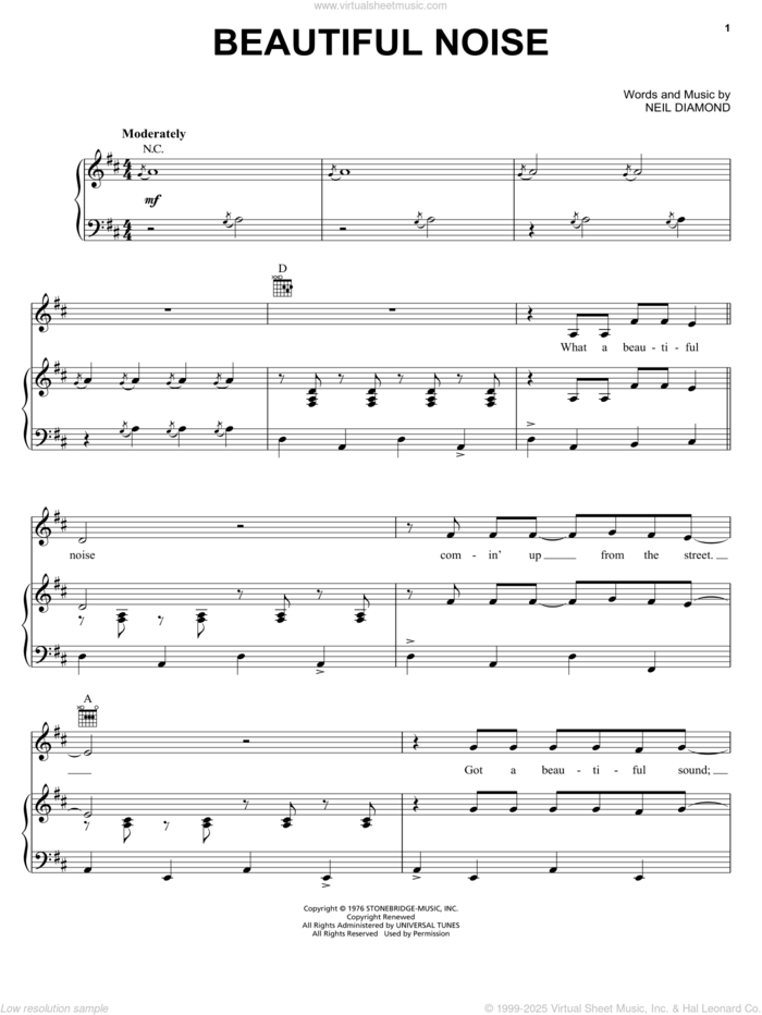 Beautiful Noise sheet music for voice, piano or guitar by Neil Diamond, intermediate skill level