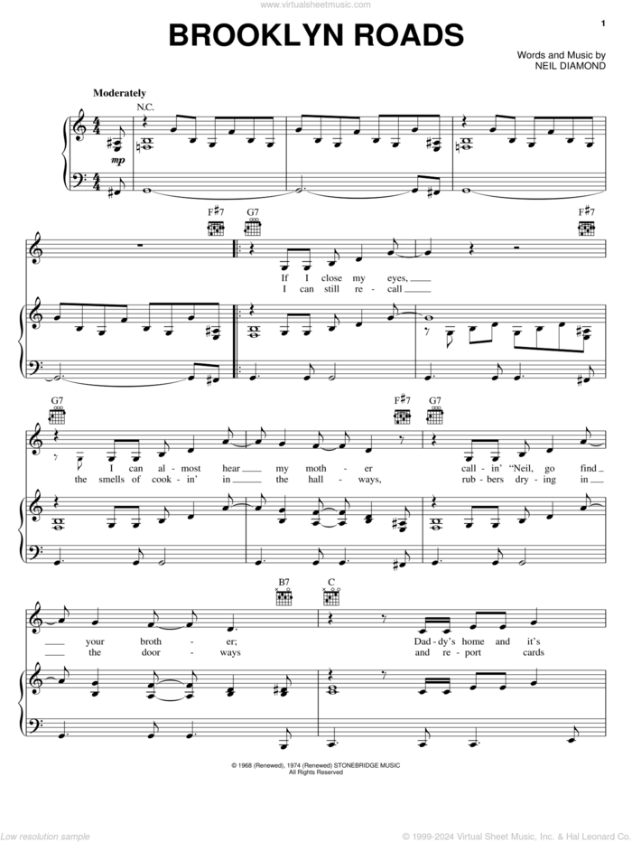 Brooklyn Roads sheet music for voice, piano or guitar by Neil Diamond, intermediate skill level
