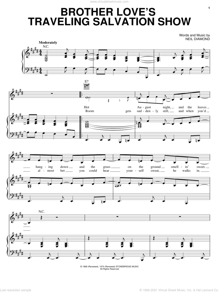 Brother Love's Traveling Salvation Show sheet music for voice, piano or guitar by Neil Diamond, intermediate skill level