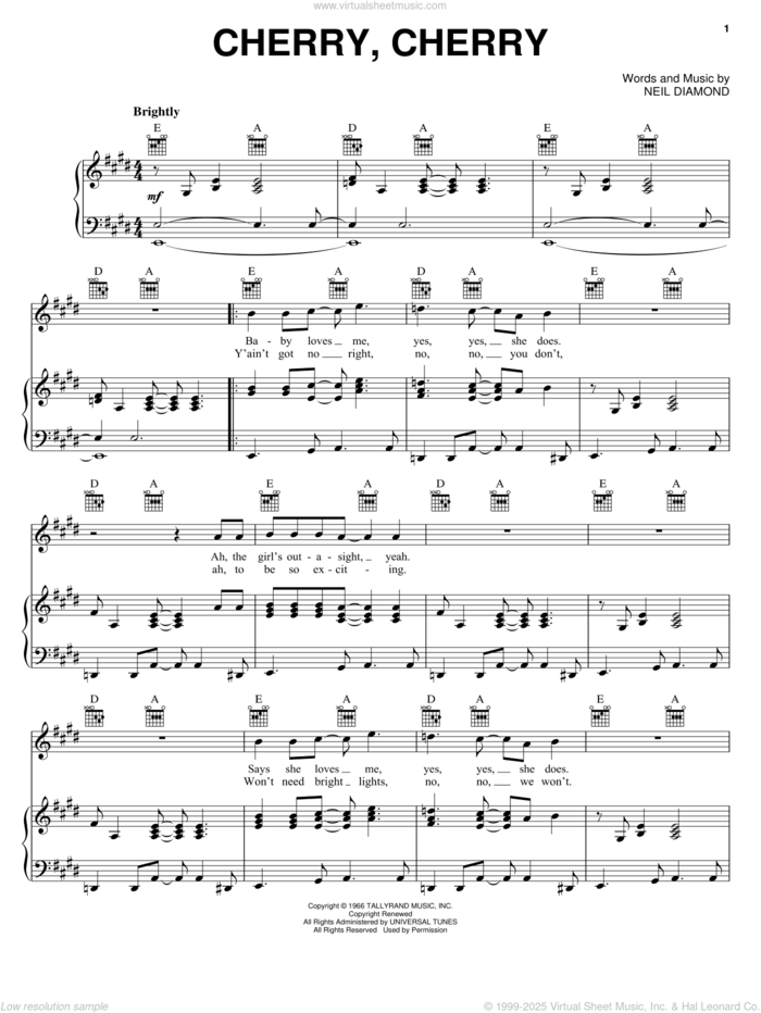 Cherry, Cherry sheet music for voice, piano or guitar by Neil Diamond, intermediate skill level