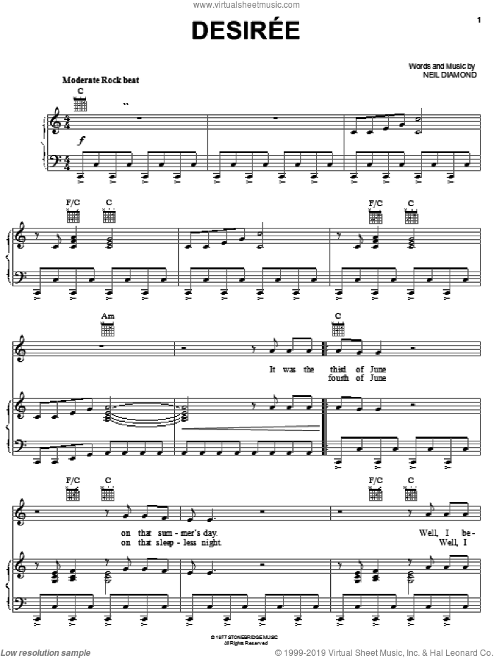 Desiree sheet music for voice, piano or guitar by Neil Diamond, intermediate skill level