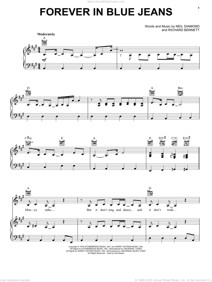 Forever In Blue Jeans sheet music for voice, piano or guitar by Neil Diamond and Richard Bennett, intermediate skill level