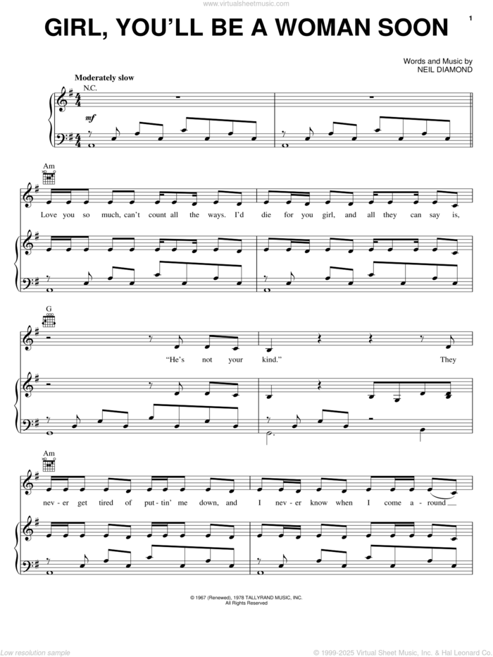 Girl, You'll Be A Woman Soon sheet music for voice, piano or guitar by Neil Diamond and Urge Overkill, intermediate skill level