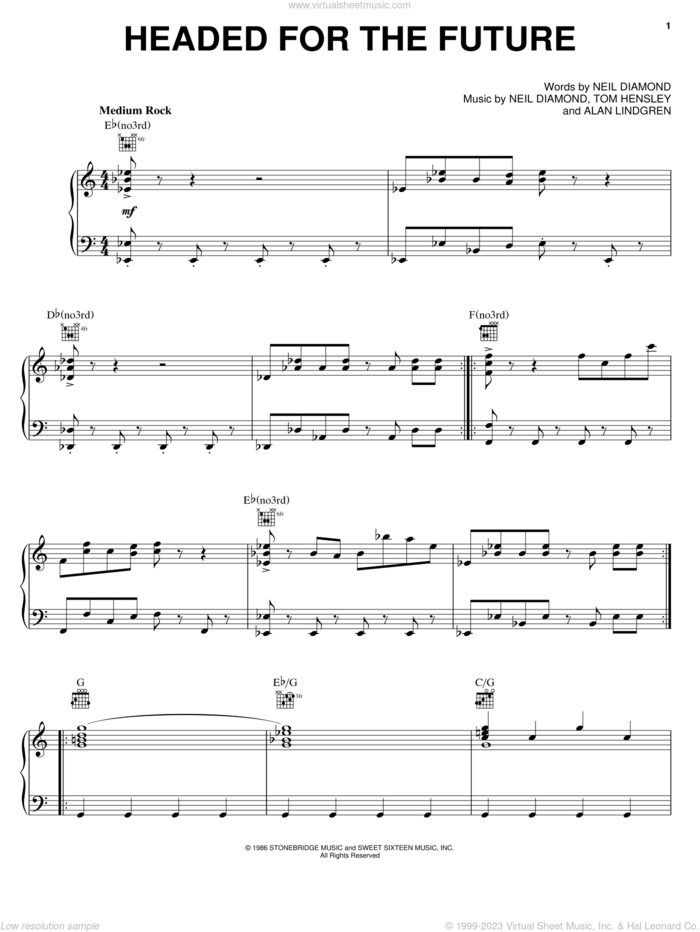 Headed For The Future sheet music for voice, piano or guitar by Neil Diamond, Alan Lindgren and Tom Hensley, intermediate skill level