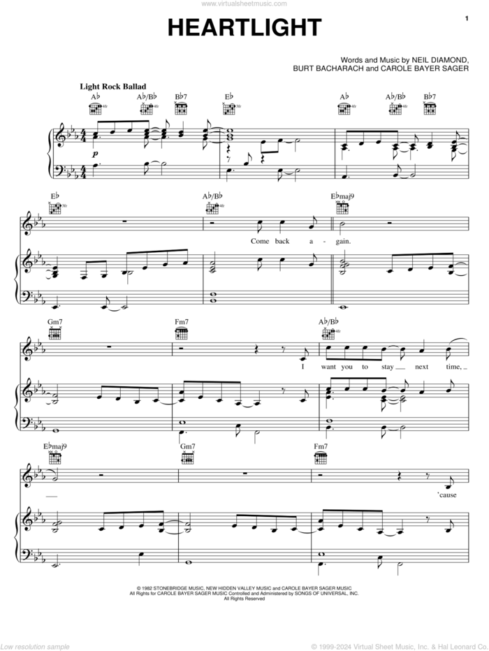 Heartlight sheet music for voice, piano or guitar by Neil Diamond, Burt Bacharach and Carole Bayer Sager, intermediate skill level