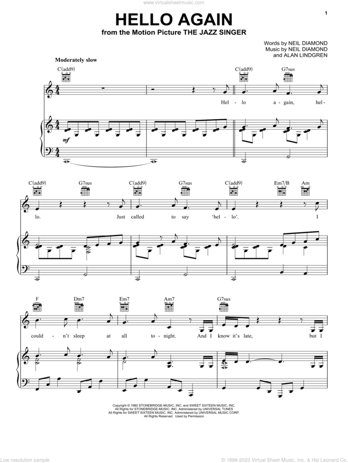 Hello Again sheet music for voice, piano or guitar by Neil Diamond and Alan Lindgren, intermediate skill level