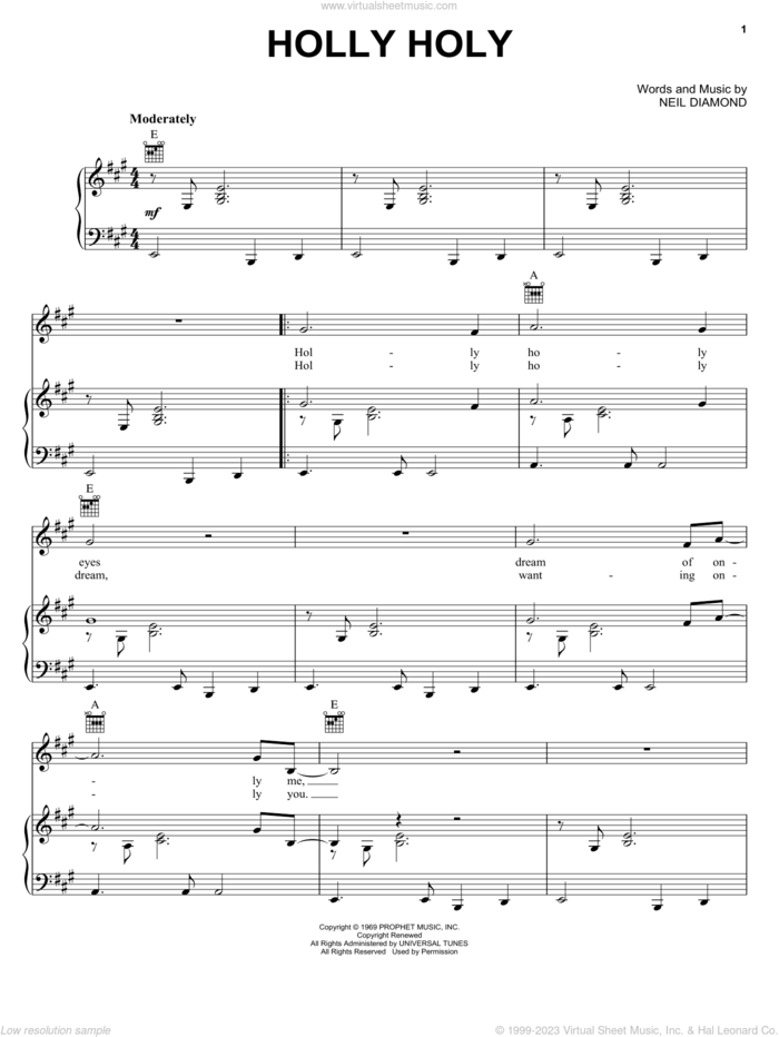 Holly Holy sheet music for voice, piano or guitar by Neil Diamond, intermediate skill level