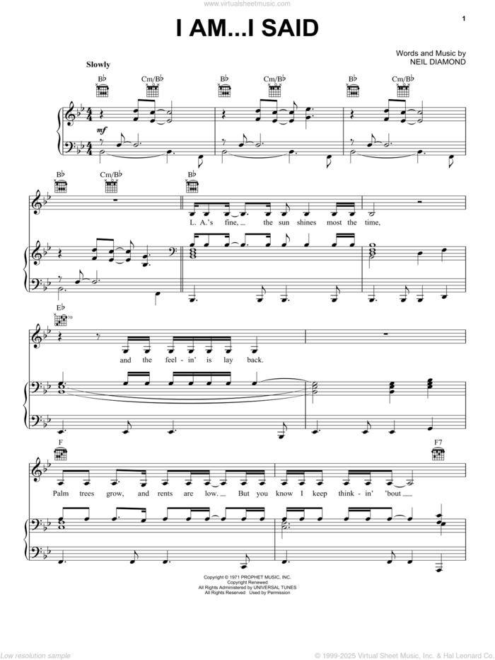 I Am...I Said sheet music for voice, piano or guitar by Neil Diamond, intermediate skill level