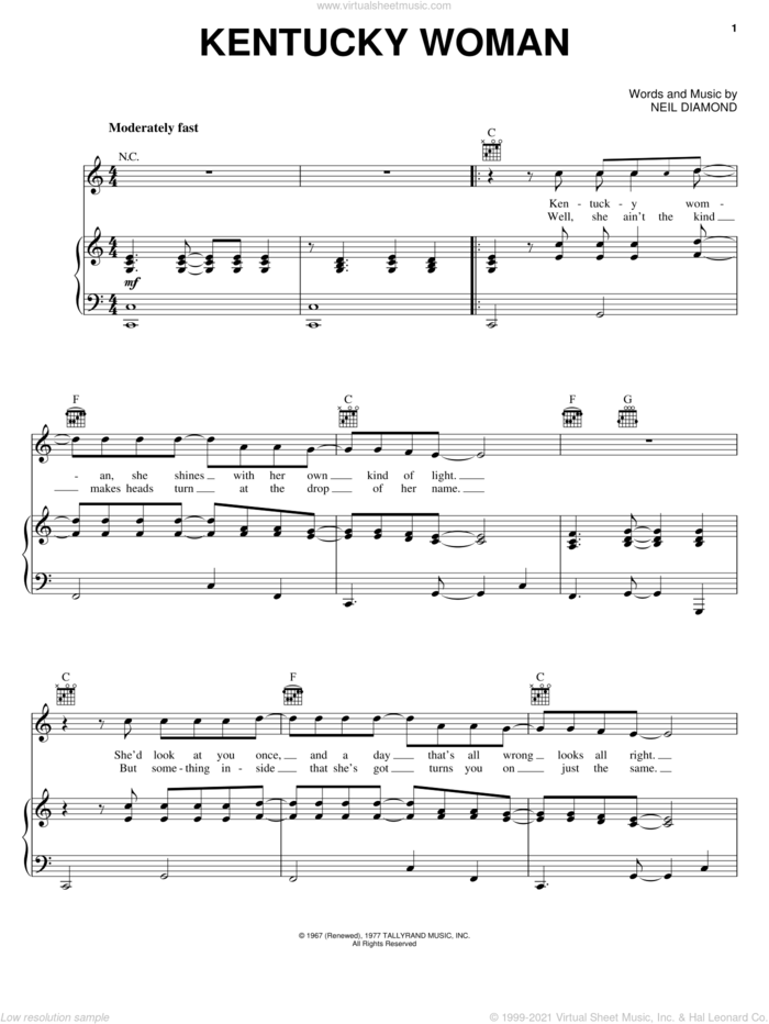 Kentucky Woman sheet music for voice, piano or guitar by Neil Diamond, intermediate skill level