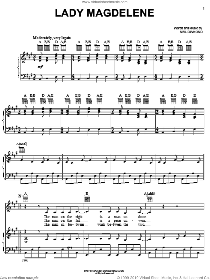 Lady Magdelene sheet music for voice, piano or guitar by Neil Diamond, intermediate skill level