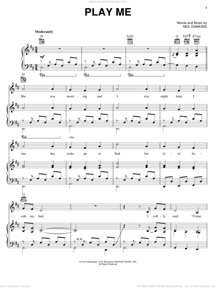 Play Me sheet music for voice, piano or guitar by Neil Diamond, intermediate skill level