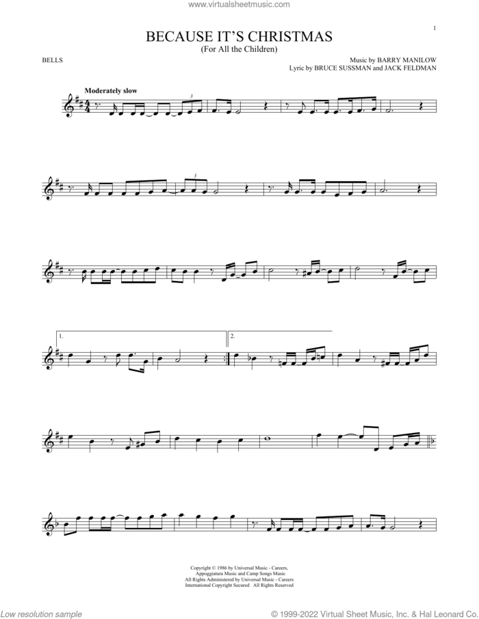 Because It's Christmas (For All The Children) sheet music for Hand Bells Solo (bell solo) by Barry Manilow, Bruce Sussman and Jack Feldman, intermediate Hand Bells Solo (bell)