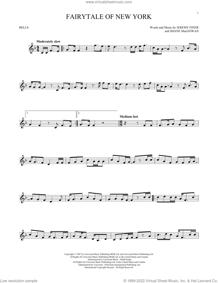 Fairytale Of New York sheet music for Hand Bells Solo (bell solo) by The Pogues feat. Kirsty MacColl, Jeremy Finer and Shane MacGowan, intermediate Hand Bells Solo (bell)