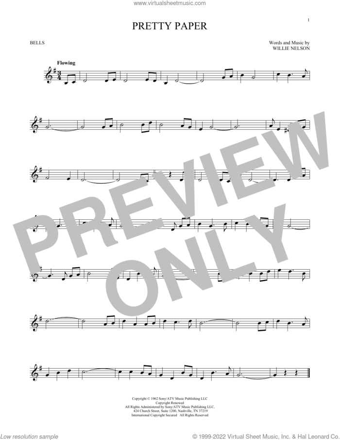 Pretty Paper sheet music for Hand Bells Solo (bell solo) by Willie Nelson and Roy Orbison, intermediate Hand Bells Solo (bell)