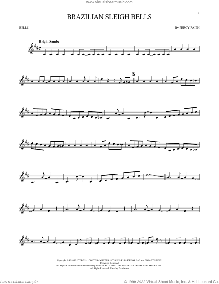 Brazilian Sleigh Bells sheet music for Hand Bells Solo (bell solo) by Percy Faith, intermediate Hand Bells Solo (bell)