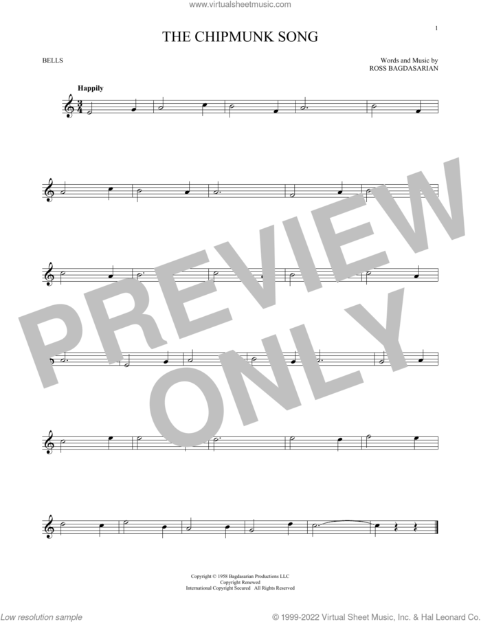 The Chipmunk Song sheet music for Hand Bells Solo (bell solo) by Alvin And The Chipmunks and Ross Bagdasarian, intermediate Hand Bells Solo (bell)