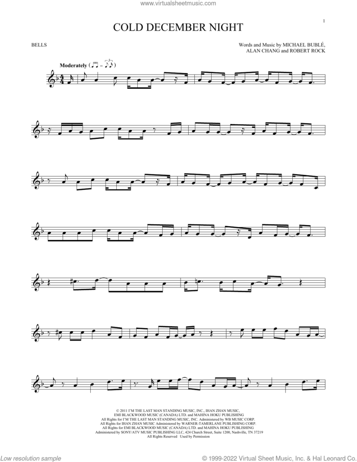 Cold December Night sheet music for Hand Bells Solo (bell solo) by Michael Buble, Alan Chang and Robert Rock, intermediate Hand Bells Solo (bell)