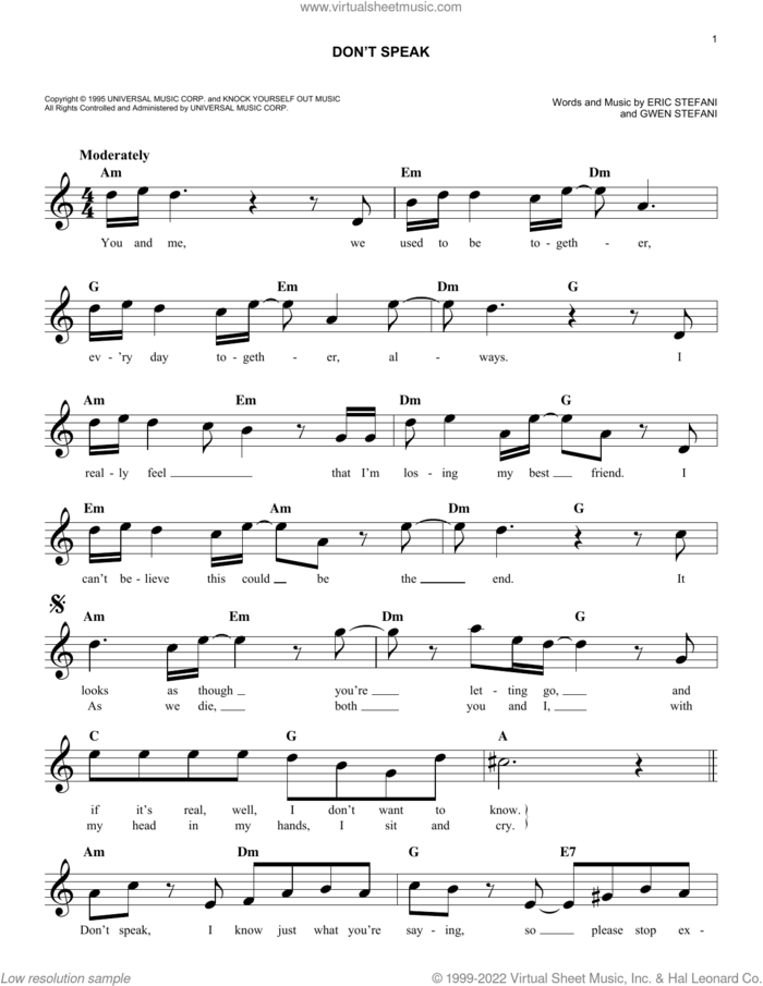 Don't Speak sheet music for voice and other instruments (fake book) by No Doubt, Eric Stefani and Gwen Stefani, easy skill level