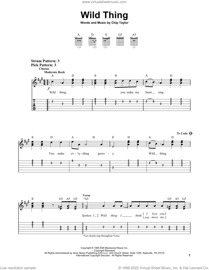 Wild Thing sheet music for guitar solo (easy tablature) by The Troggs and Chip Taylor, easy guitar (easy tablature)