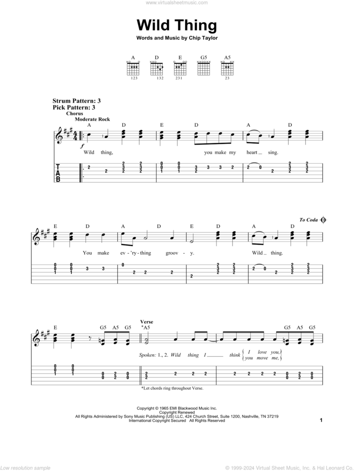 Wild Thing sheet music for guitar solo (easy tablature) by The Troggs and Chip Taylor, easy guitar (easy tablature)