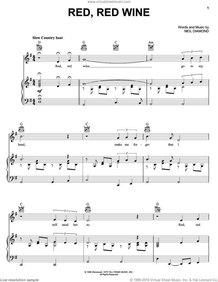 Red, Red Wine sheet music for voice, piano or guitar by Neil Diamond and UB40, intermediate skill level