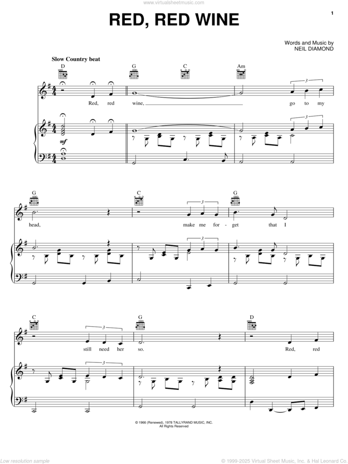 Red, Red Wine sheet music for voice, piano or guitar by Neil Diamond and UB40, intermediate skill level