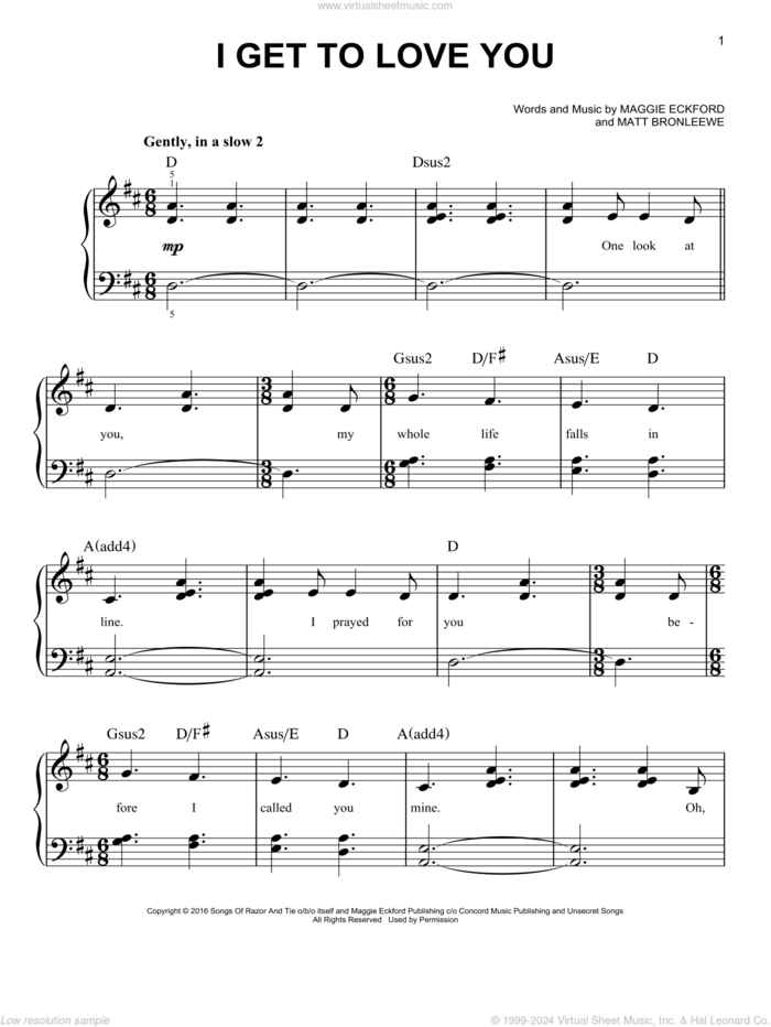 I Get To Love You, (easy) sheet music for piano solo by Ruelle, Maggie Eckford and Matt Bronleewe, wedding score, easy skill level
