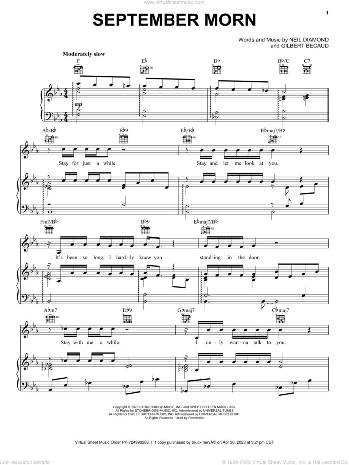 September Morn sheet music for voice, piano or guitar by Neil Diamond and Gilbert Becaud, intermediate skill level