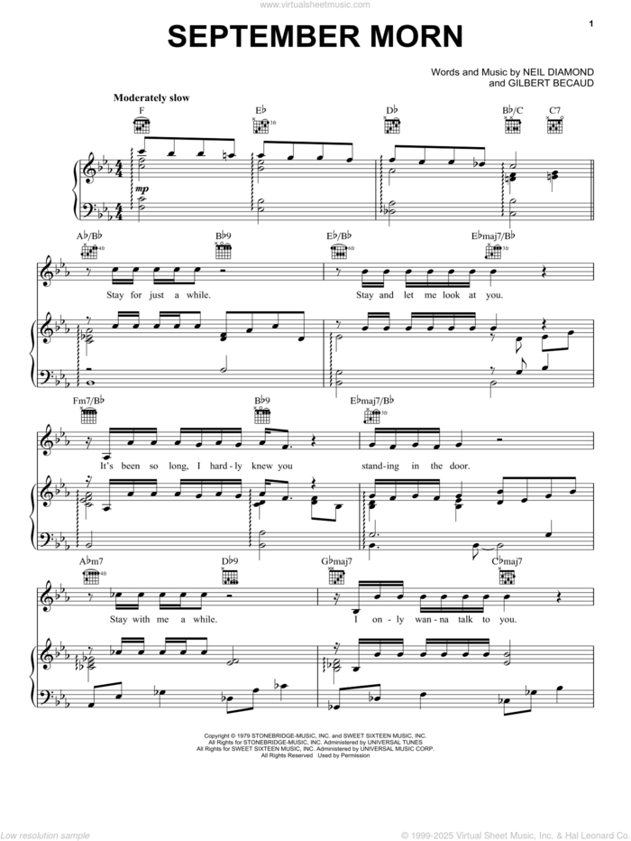 September Morn sheet music for voice, piano or guitar by Neil Diamond and Gilbert Becaud, intermediate skill level