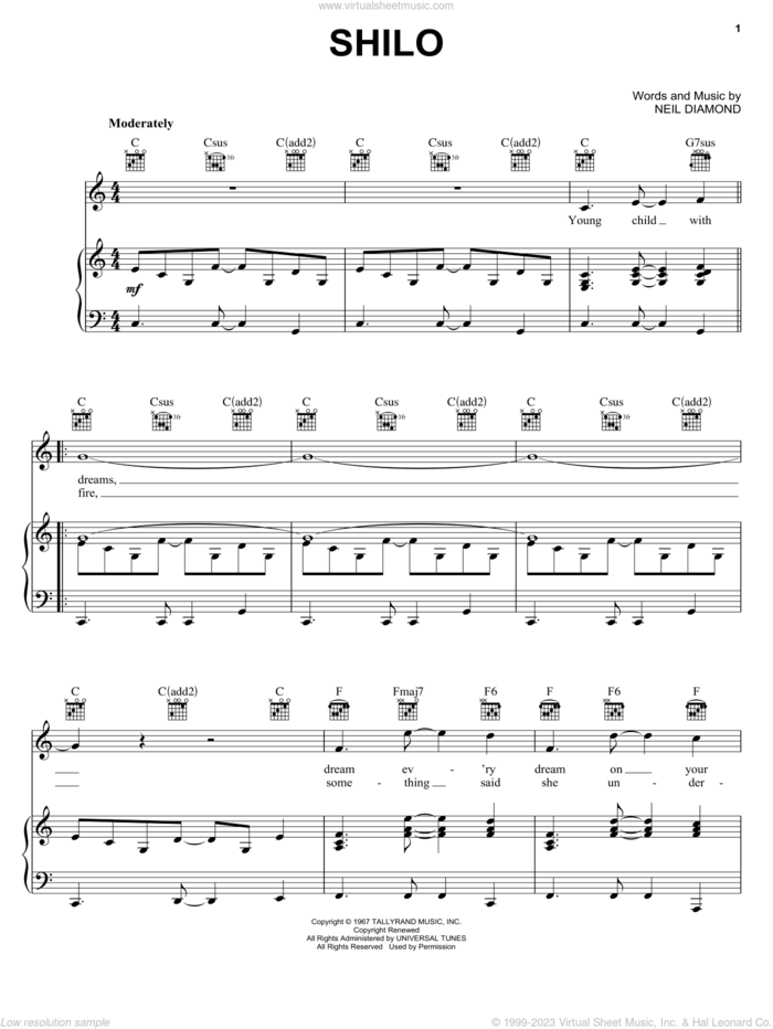 Shilo sheet music for voice, piano or guitar by Neil Diamond, intermediate skill level