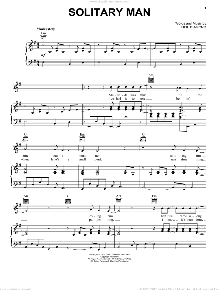 Solitary Man sheet music for voice, piano or guitar by Neil Diamond and Johnny Cash, intermediate skill level