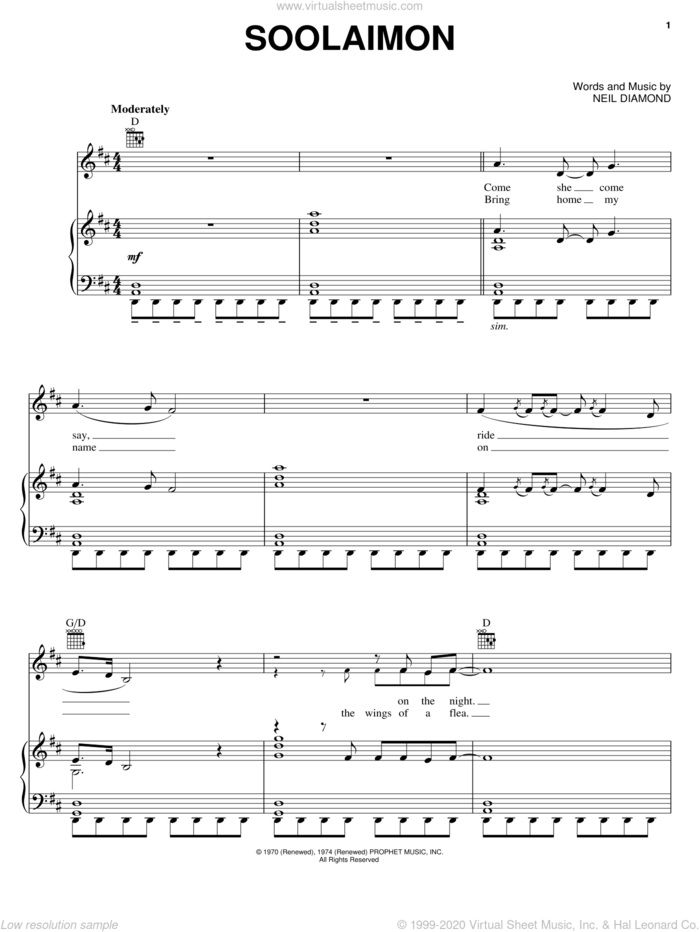 Soolaimon sheet music for voice, piano or guitar by Neil Diamond, intermediate skill level