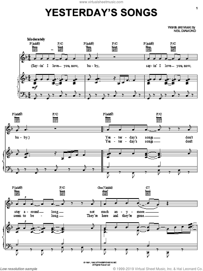 Yesterday's Songs sheet music for voice, piano or guitar by Neil Diamond, intermediate skill level
