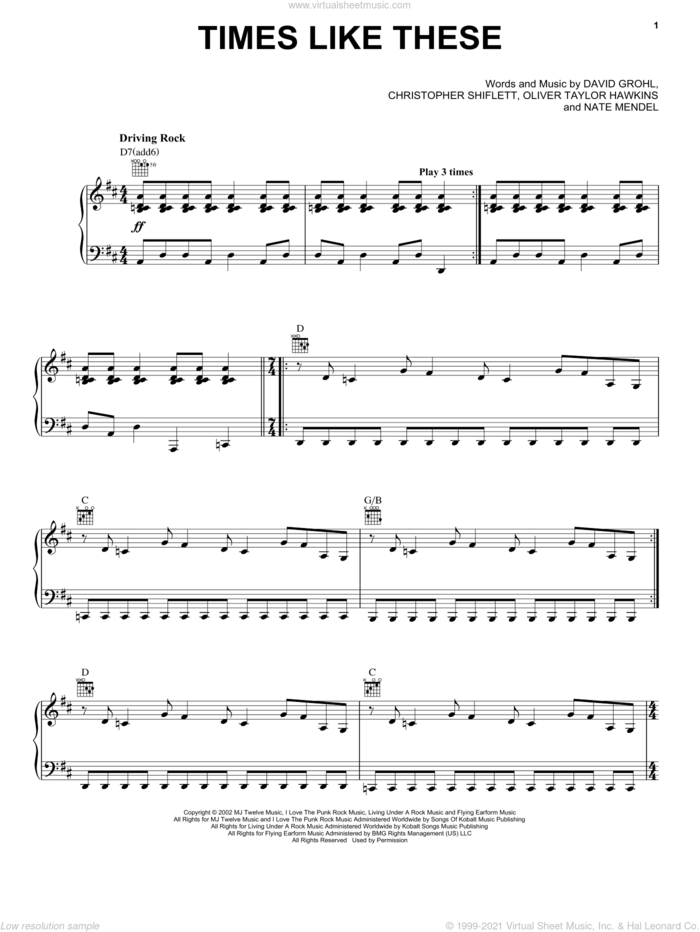 Times Like These sheet music for voice, piano or guitar by Foo Fighters, intermediate skill level