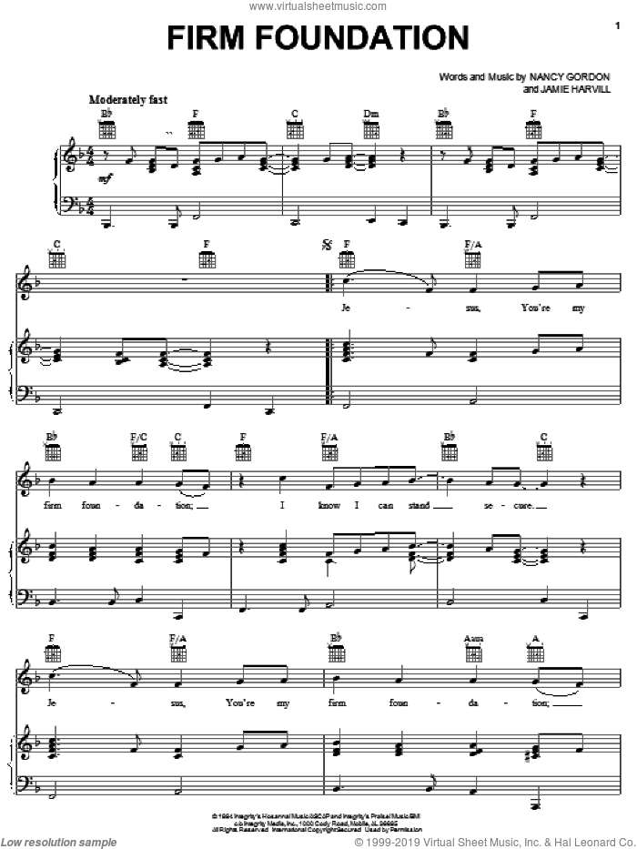 Firm Foundation sheet music for voice, piano or guitar by Nancy Gordon and Jamie Harvill, intermediate skill level