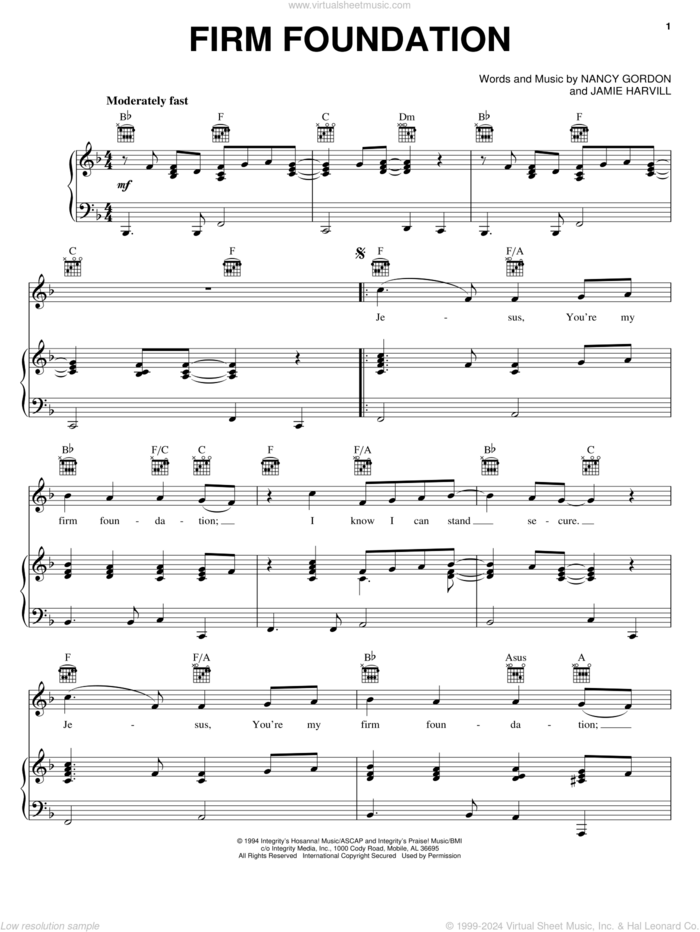 Firm Foundation sheet music for voice, piano or guitar by Nancy Gordon and Jamie Harvill, intermediate skill level
