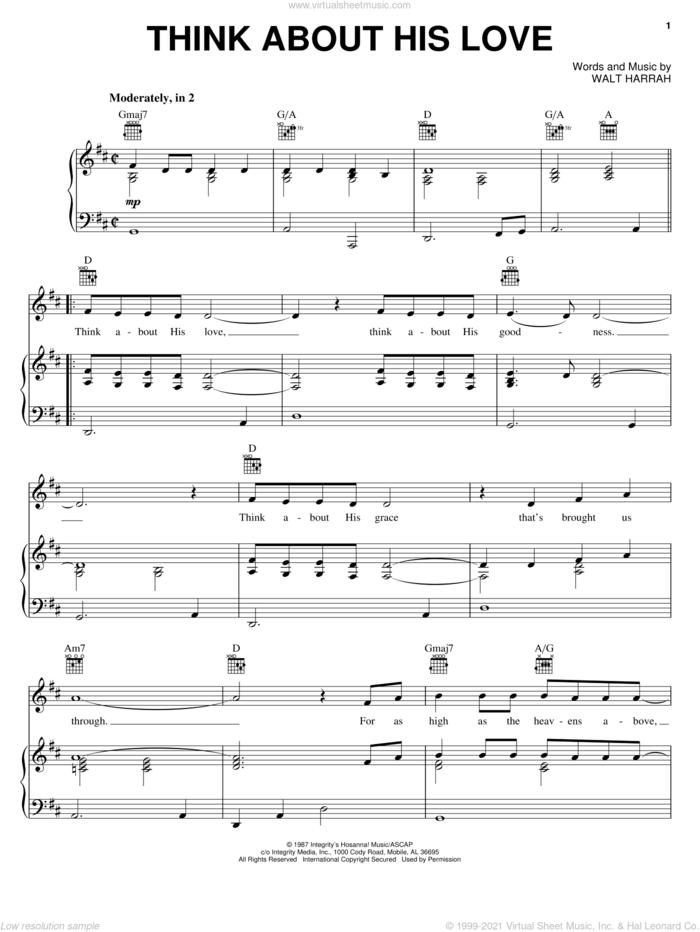 Think About His Love sheet music for voice, piano or guitar by Walt Harrah, intermediate skill level
