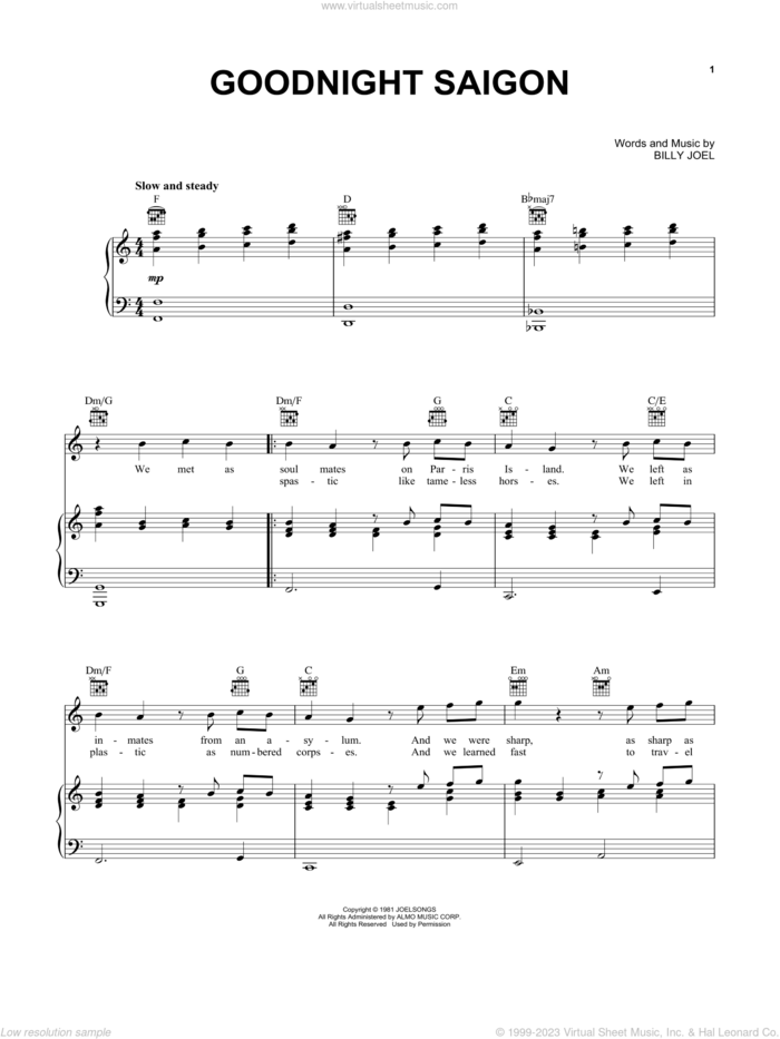 Goodnight Saigon sheet music for voice, piano or guitar by Billy Joel, intermediate skill level
