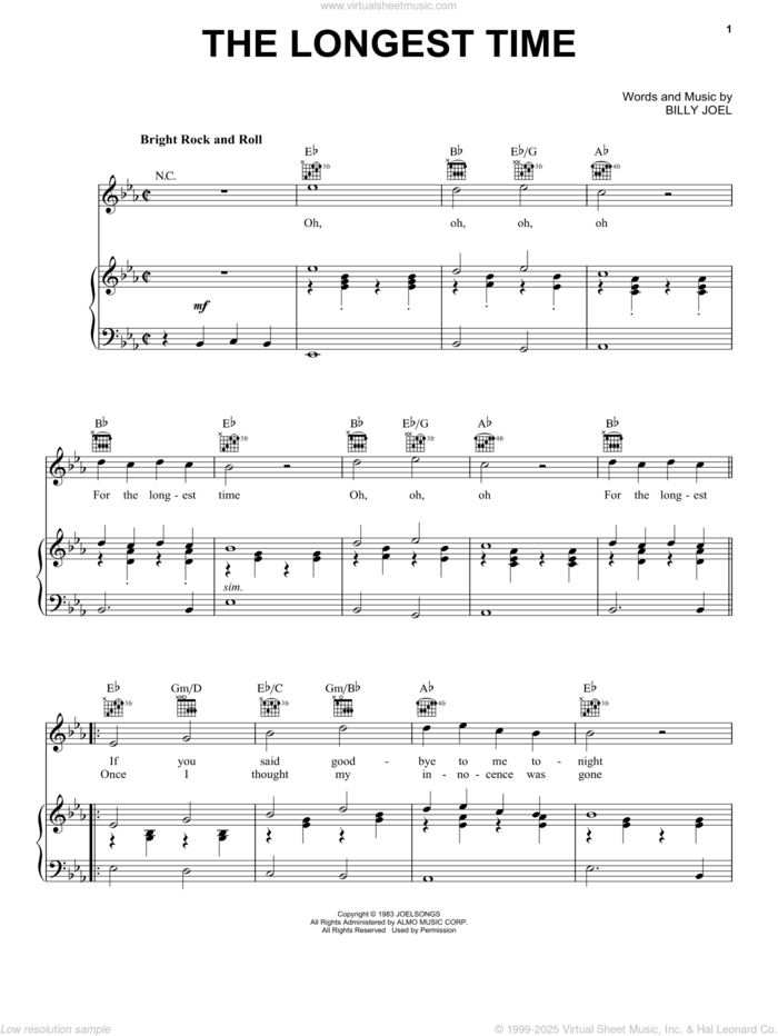 The Longest Time sheet music for voice, piano or guitar by Billy Joel, intermediate skill level