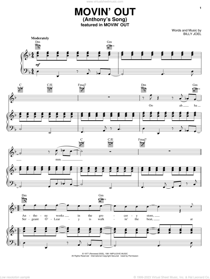 Movin' Out (Anthony's Song) sheet music for voice, piano or guitar by Billy Joel, intermediate skill level