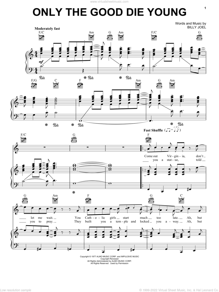 Only The Good Die Young sheet music for voice, piano or guitar by Billy Joel, intermediate skill level