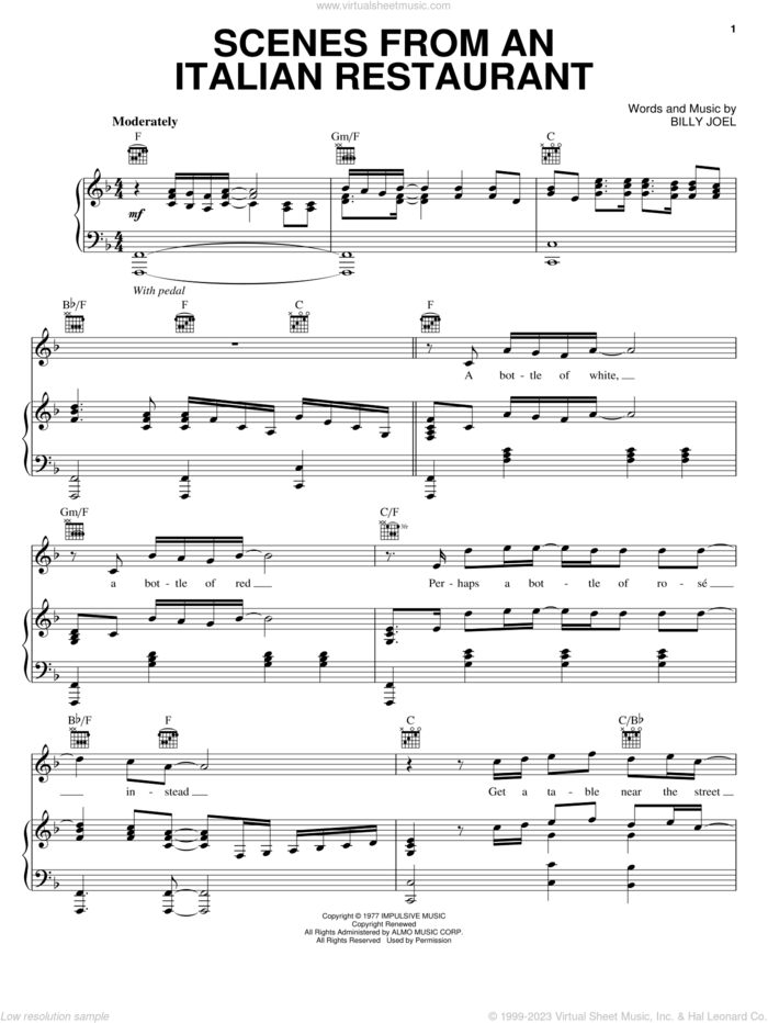 Scenes From An Italian Restaurant sheet music for voice, piano or guitar by Billy Joel, intermediate skill level